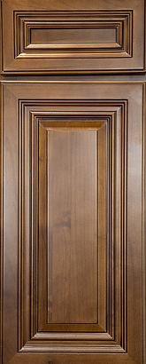 Warm walnut raised-panel cabinet door sample with rich wood finish